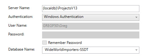 Connection properties fields display: Server Name, Authentication, User Name, Password, and Database Name.